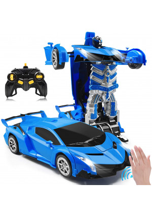 Zahooy RC Car Transforming Robot Model Toy,1:14 Gesture Sensing Drifting Remote Control Transform Vehicle,Deformed Racing with Realistic Engine Sounds and One-Button Transformation for Boys Girls(Blue)