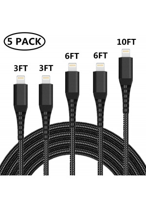 iPhone Charger Cable Lightning Cable SHARLLEN 5 Pack [3FT/3FT/6FT/6FT/10FT] Nylon Braided Lightning Cord Fast Long Cords iPhone Charging Cable Compatible/XS/Max/X/8 Plus/8/7/7P/iPad/iPod Black