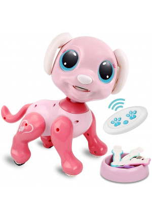 RACPNEL Remote Control Robot Dog Toy, RC Interactive Intelligent Walking Dancing Programmable Robot Puppy with Gesture Sensing, Lights and Sounds for Girls, Gifts for Kids Ages 3 and Up, Pink