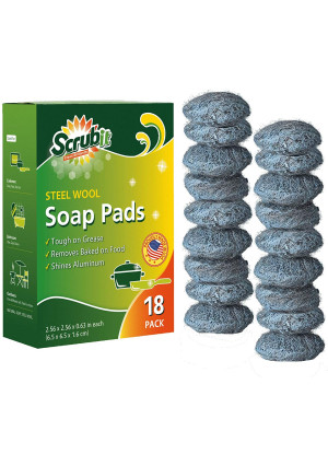18 Pack Steel Wool Soap Pads by SCRUBIT - Metal Scouring Cooktop Cleaning Pads Used for Dishes, Pots, Pans, and Ovens - Pre-Soaped for Easy Cleaning of Tough Kitchen Grease and Oil
