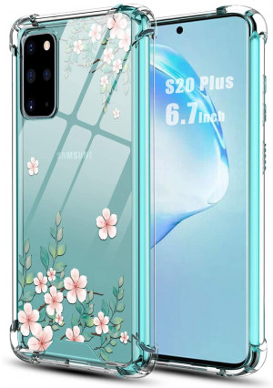 Huness Galaxy S20 Plus Case,Galaxy S20+ Case,Fresh Flower with Small Green Leaf Design Hard PC Back Protective and Soft Flexible TPU Case for Samsung Galaxy S20 Plus 5G (6.7 inch) (Green/White)