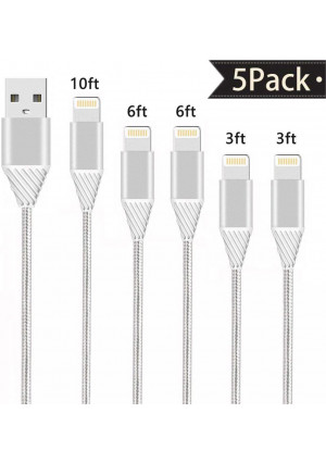 SHARLLEN iPhone Lightning Cable iPhone Charger Cable Nylon Braided iPhone Cord USB Long iPhone Sync and Charging Line 3/6/10FT 5Pack Compatible iPhone XS/Max/XR/X/8/8P/7/7P/6/6S/iPad/iPod/IOS (White)