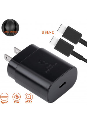 USB C Wall Charger Kit-25W PD 3.0 Chargers Fast Charging and 5Ft USB C to C Cable for Samsung Galaxy Note10/Note10+/Note9/S10/S9/S8, iPad Pro 2018, Google Pixel 4XL/3XL and More, Including Cable Clip