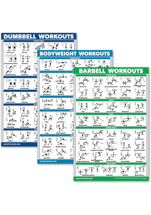 QuickFit 3 Pack - Dumbbell Workouts + Bodyweight Exercises + Barbell Routine Poster Set - Set of 3 Workout Charts