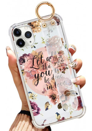 Illians iPhone 11 Pro Max 6.5 Inch 2019 Clear Anti-Yellow Slim Phone Case Gasbag Full Protective Cover Christian Quotes Bible Verse Flower Floral Shell with Wrist Strap Wrist Band
