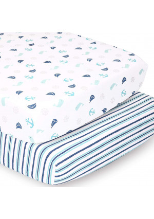 The Peanutshell Nautical and Striped Crib Sheets for Baby Boys or Girls | 2 Pack Set
