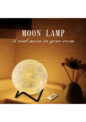 RENOOK Moon Lamp | 3D-Printed Moon Night Light for Kids with Metal Stand, Touch and Remote Control 16 Colors 4 Modes, Timing Function, Room Decoration, Light Up Nursery, Soothe Child to Sleep, 3.15in