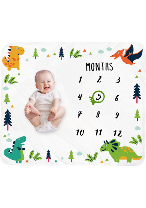 Tebaby Baby Monthly Milestone Blanket Boy - Dinosaur Neutral Newborn Month Blanket for Boy and Girl Personalized Shower Gift Soft Plush Fleece Photography Background Prop with Frame Large 47''x40''