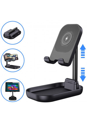 Phone Stand Wireless Charger, Foldable Phone Dock, Adjustable Universal Stand, Cradle, Holder for Live Stream, Video, Compatible with iPhone 8 8Plus XS XSmax, Samsung Galaxy S7 S6edge + (Black)