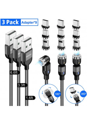 Magnetic Charging Cable(3-Pack, 1.6ft/3.3ft/6.6ft), Melonboy 360and180 Rotation Magnetic Phone Charger Cable, 3 in 1 Nylon Braided Magnetic Cable Compatible with Micro USB, Type C and iProduct - Black