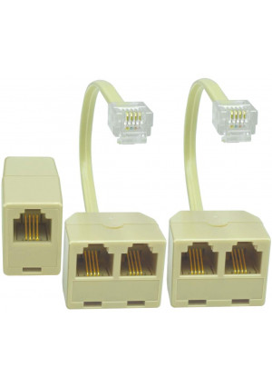 (2+1Pack) 2pcs Telephone Splitter for Landline Phones RJ11 6P4C 1 Male to 2 Females with 5in Pigtail and 1pc Telephone Inline Coupler Ivory