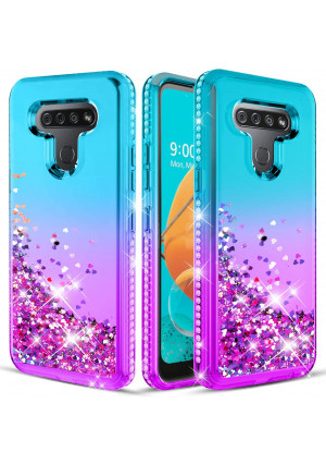 Wallme LG K51 Case (US Version),LG Reflect/LG Q51 Case w/HD Screen Protector [2 Pack],Glitter Diamond Sparkle Waterfall Quicksand,Bling Bling Protective Phone Case Cover for Girls Women - Teal/Purple