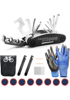 GORNORVA 16 in 1 Multi-Function Bike Bicycle Cycling Mechanic Repair Tool Kit with 2 pcs Tire Pry Bars Rods Portable Tools Bag with Tire Patch Lever, Self-Adhesive Bicycle Patch with a Pair of Gloves