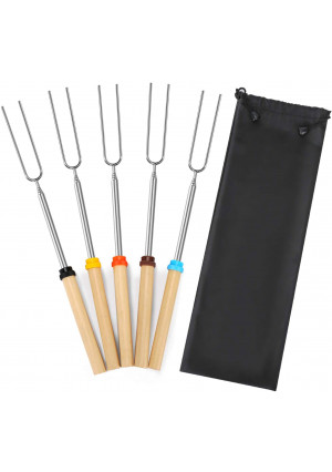 Mluchee Marshmallow Roasting Sticks Smores Skewers for Fire Pit 5Pcs 32inch Telescoping Sausage BBQ Hot Dog Forks Portable Carrying Bag for Camping, Backyard