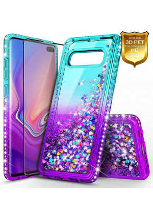 E-Began Case for Samsung Galaxy S10+ Plus with Soft Screen Protector (3D Curved Full Coverage), Sparkle Glitter Flowing Liquid Floating Quicksand Bling Diamond, Durable Girls Cute Case (Aqua/Purple)