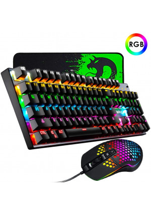 Mechanical Gaming Keyboard and Mouse,3 in 1 Gaming Set,Rainbow Backlit Wired Gaming Keyboard,RGB 6400 DPI Lightweight Gaming Mouse with Honeycomb Shell,Large Mouse Pad for PC Game(Black Blue Switches)