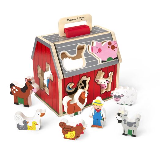 Melissa & Doug Wooden Take-Along Sorting Barn Toy with Flip-Up Roof and Handle – 10 Wooden Farm Play Pieces