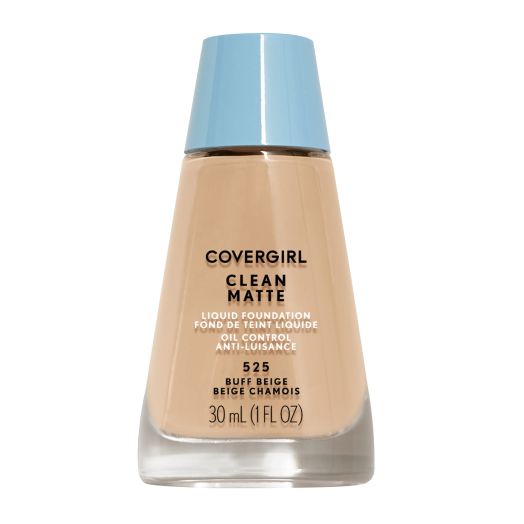 COVERGIRL Clean Matte Liquid Foundation, 525 Buff Beige, 1 fl oz, Liquid Foundation, Matte Foundation, Lightweight Foundation, Moisturizing Foundation, Water Based Foundation