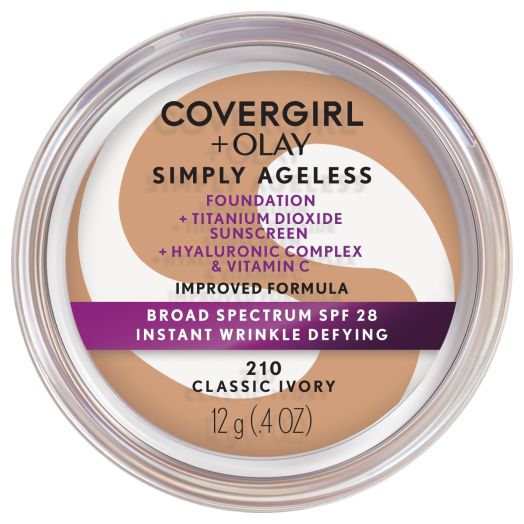 COVERGIRL + OLAY Simply Ageless Instant Wrinkle-Defying Foundation with SPF 28, Classic Ivory 210, 0.44 oz, Hydrating Anti-Aging Foundation, Cruelty-Free Foundation, Hyaluronic Complex for Firm Skin