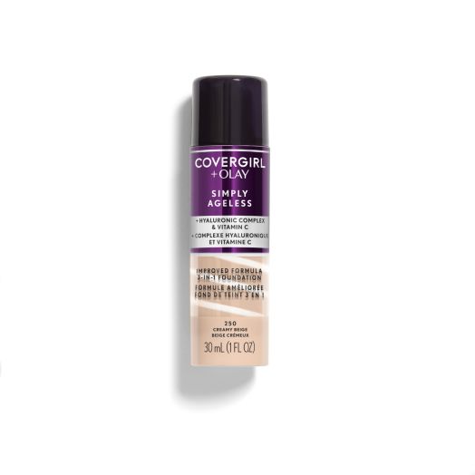 COVERGIRL + OLAY Simply Ageless 3-in-1 Liquid Foundation, 250 Creamy Beige, 1 fl oz, Hydrating Anti-Aging Foundation, Cruelty-Free Foundation, Hyaluronic Complex for Firm Skin
