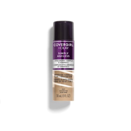 COVERGIRL + OLAY Simply Ageless 3-in-1 Liquid Foundation, 257 Golden Tan, 1 fl oz, Hydrating Foundation, Anti-Aging Foundation, Cruelty Free Foundation, Reduces Wrinkles, Improves Skin Tone