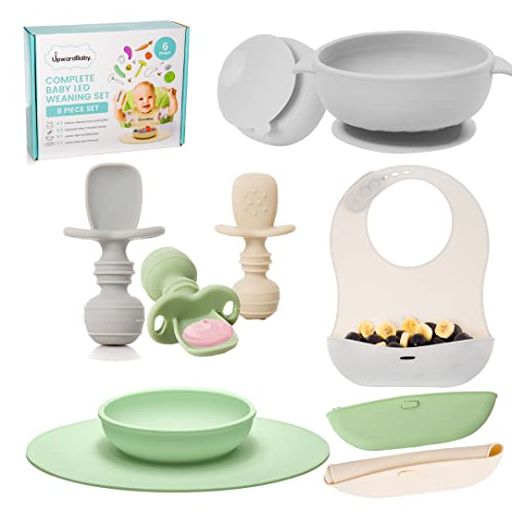 Upward Baby Led Weaning Supplies - Suction Plates for Baby - Spoons Self Feeding 6 Months, Suction Bowls & Silicone Plates - Toddler Plates and Bowls Set Eating - First Stage BLW Utensils 6-12 Months