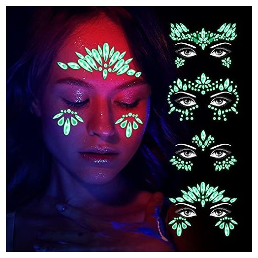 4 Pack Glows Face Gems Jewels, Temporary Rhinestone Stickers, Face Tattoos Glow in the Dark, Crystals Body Gems Stick on Face for Carnival Festival, Party, Outfit, Performance (C)