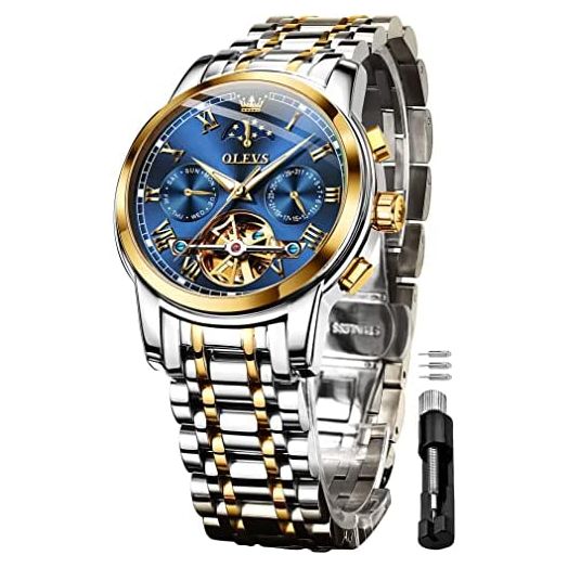 OLEVS Men's Automatic Mechanical Watch Luxury Dress Waterproof Self Winding Moon Phase Chronograph Stainless Steel Luminous Date Tourbillon Wristwatch for Men