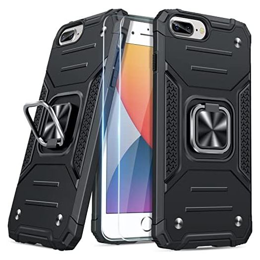 JAME for iPhone 8 Plus Case, iPhone 7 Plus Case with 2 Tempered Glass Screen Protector, Military-Grade Shockproof Phone Cover with Ring Kickstand for iPhone 8 Plus, Black