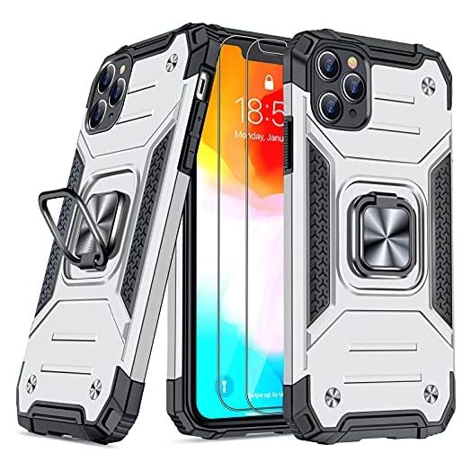 JAME Case for iPhone 11 Pro Max Case with [Tempered-Glass Screen Protector 2Pcs], Military-Grade Protection, Shockproof Protective 11 ProMax Case, with Ring Kickstand for iPhone 11 Pro Max Silver