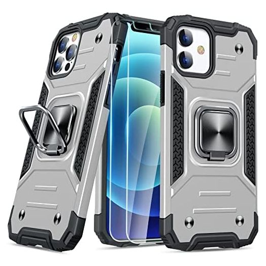 JAME Case for iPhone 12 Pro Case, for iPhone 12 Case with [Tempered-Glass Screen Protector 2PCS], Military Grade Protection, with Ring Kickstand, Protective Case for iPhone 12/12 Pro 6.1” Silver