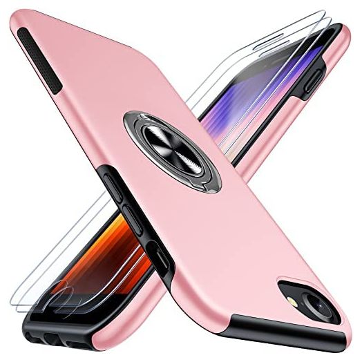 JAME for iPhone SE 2022 Case, iPhone SE 2020 Case, iPhone 8/7/6s/6 case Ultra Slim with 2Pcs Tempered Glass Screen Protector Full Body Shockproof Phone Case with Invisible Ring Stand, 4.7" Pink