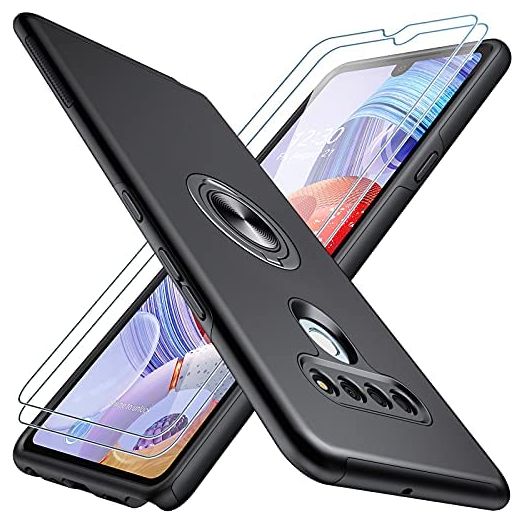 JAME Invisible Ring Stand for LG Stylo 6 Case with Screen Protector [2 pcs], Slim Fit Silicone Cases Shockproof Protective Case Phone Cover with Kickstand Car Mount Ring for Women Men, 6.8" (Black)