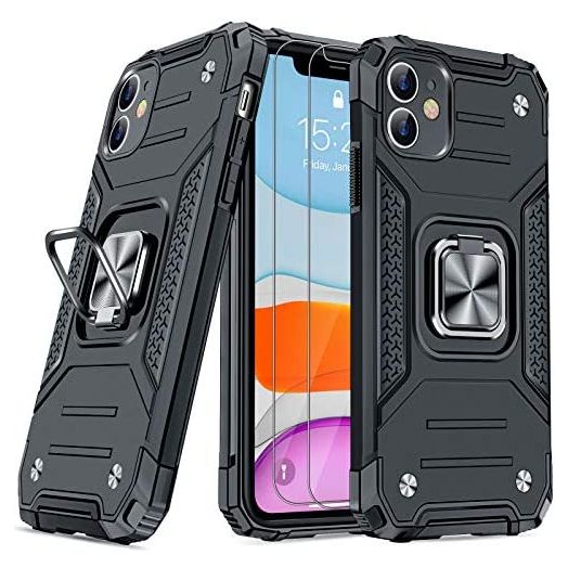 JAME Designed for iPhone 11 Case with Screen Protector [2PCS], Military-Grade Drop Protection, Protective Phone Case Cover, Car Mount Ring Kickstand Shockproof Bumper Case for iPhone 11 6.1 Inch Black
