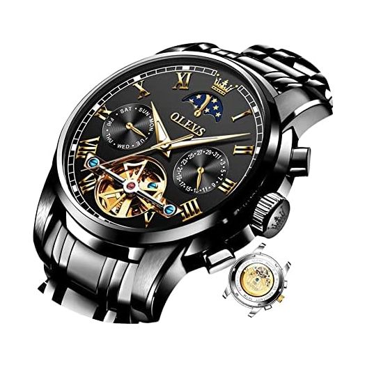 OLEVS Automatic Mechanical Men Watch Moon Phase Stainless Steel Dress Fashion Business Luminous Waterproof Date Week Male Wrist Watch