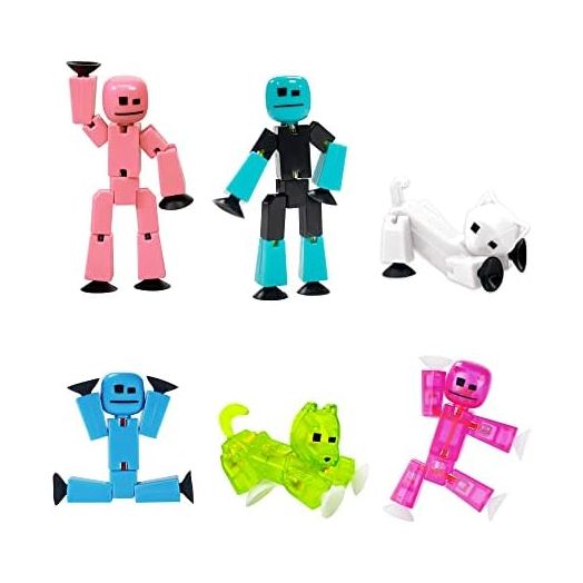 Zing Stikbot Family Pack, Set of 6 Stikbot Collectable Action Figures, Includes 2 Stikbots, 2 Junior Stikbots, 1 Dog, and 1 Cat, Stop Motion Animation - in Eco-Friendly Packaging