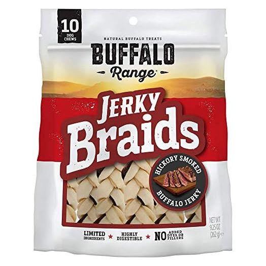 Rawhide Dog Treats | Healthy, Grass-Fed Buffalo Jerky Raw Hide Chews | Hickory Smoked Flavor | Jerky Braids, 10 Count