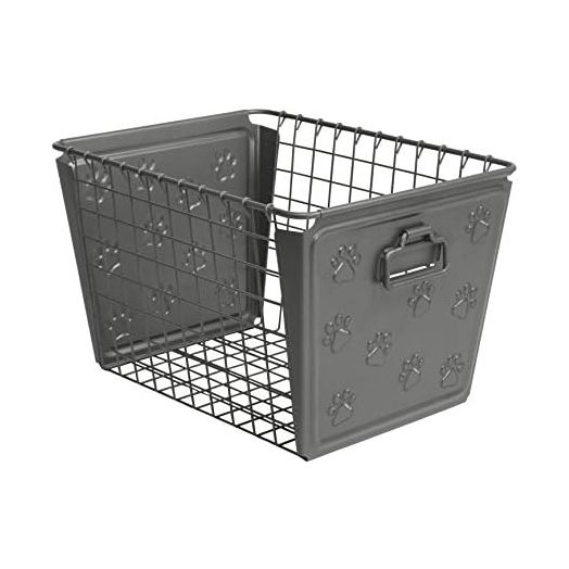 Spectrum Diversified Paws Macklin Basket Steel Bin with Cute Pawprint Design, Pet Accessory Rust-Resistant Finish, Cat & Dog Toy Organization & Storage, Medium, Industrial Gray
