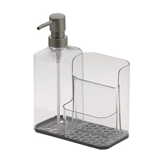 Spectrum Diversified Hexa Sponge & Brush Kitchen Organizer with Refillable Soap Pump, Sponge & Dish, Easy-Clean Sink Organization & Dish Brush Holder with Removable Base, Clear & Gray