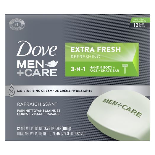 Dove Men+Care Bar 3 in 1 Cleanser Extra Fresh, 3.75 oz, 12 Bars