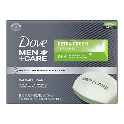 Dove Men+Care Bar 3 in 1 Cleanser for Body, Face, and Shaving to Clean and Hydrate Skin Extra Fresh Body and Facial Cleanser More Moisturizing Than Bar Soap, 3.75 Ounce (Pack of 14)
