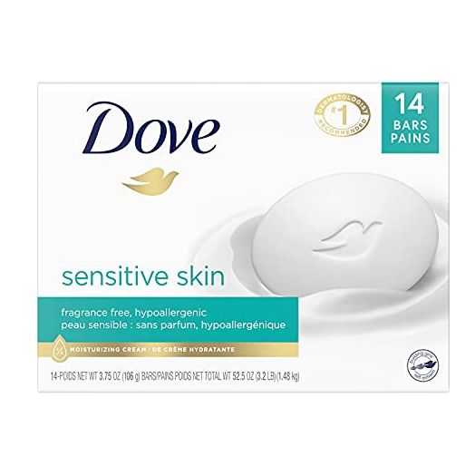 Dove Beauty Bar More Moisturizing Than Bar Soap for Softer Skin, Fragrance-Free, Hypoallergenic Beauty Bar Sensitive Skin With Gentle Cleanser, 3.75 Ounce (Pack of 14)