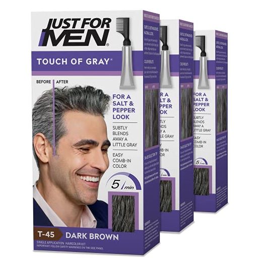 Just For Men Touch of Gray, Gray Hair Coloring for Men with Comb Applicator, Great for a Salt and Pepper Look - Dark Brown, T-45 - Pack of 3 (Packaging May Vary) | Just for Men