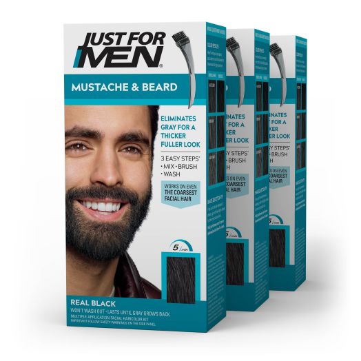 Just For Men Mustache and Beard Coloring for Gray Hair, M-55 Real Black (3 Pack)