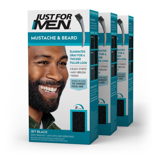 Just For Men Mustache and Beard Coloring for Gray Hair, M-60 Jet Black, Pack of 3