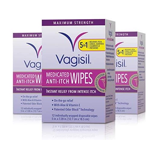 Vagisil Anti-Itch Medicated Feminine Intimate Wipes for Women, Maximum Strength, Gynecologist Tested, 12 Count, Pack of 3 (36 wipes total) (Packaging may vary)