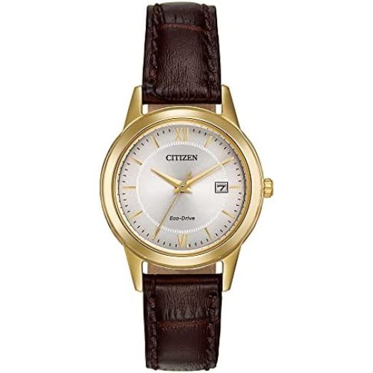 Citizen Eco-Drive Corso Quartz Womens Watch, Stainless Steel with Leather strap, Classic, Brown (Model: FE1082-05A)