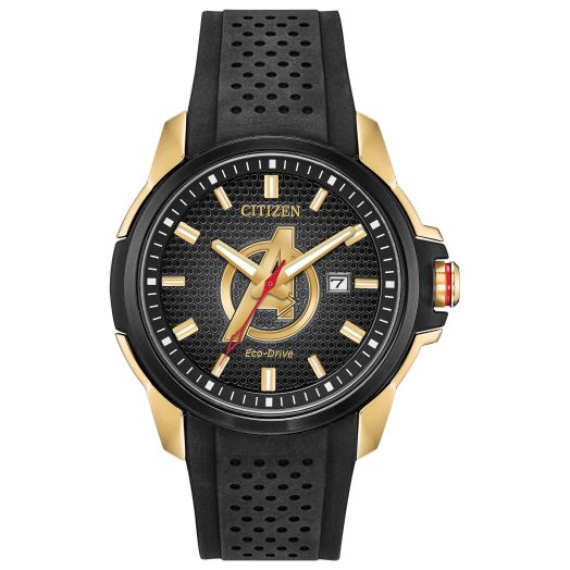 Citizen Men's Eco-Drive Marvel Avengers Watch, Gold Tone with Black Silicone Strap, 3-Hand Date, 44mm (Model: AW1155-03W)