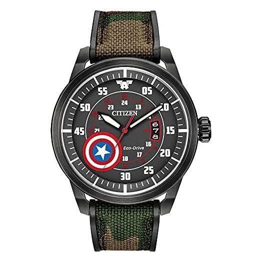 Citizen Eco-Drive Marvel Quartz Mens Watch, Stainless Steel with Nylon strap, Captain America, Camouflage (Model: AW1367-05W)