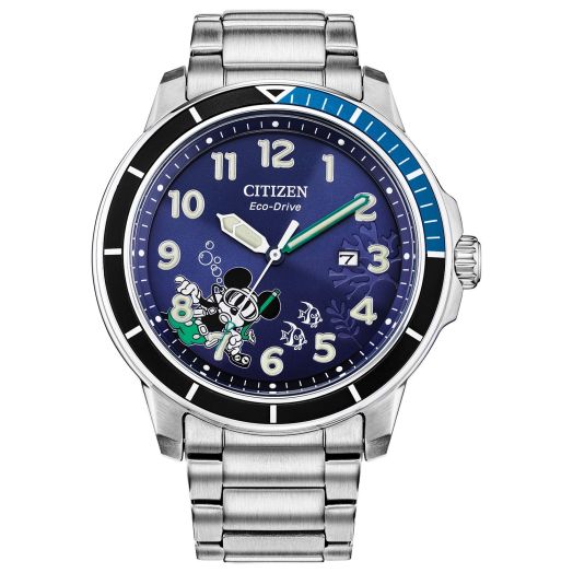 Citizen Men's Eco-Drive Disney Mickey Mouse Scuba Watch, Stainless Steel, Blue Dial, Luminous, 46mm (Model: AW1529-81W)